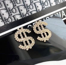 Load image into Gallery viewer, BIG Personality Rhinestone Dollar Sign Earrings