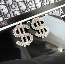 Load image into Gallery viewer, BIG Personality Rhinestone Dollar Sign Earrings