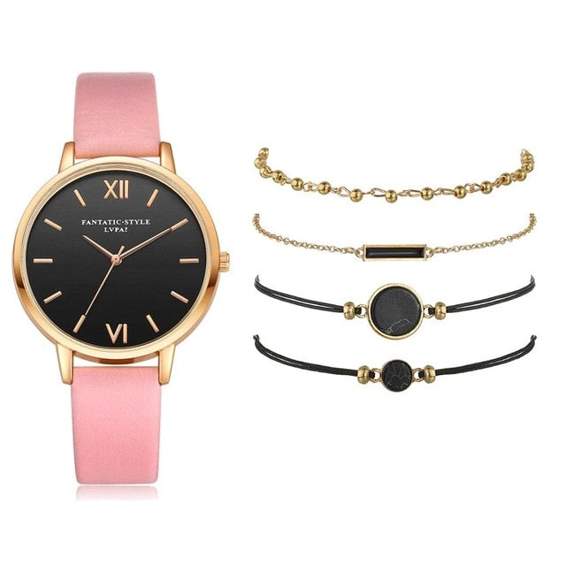 Watch Set 5pcs Woman Quartz Wristwatch w/ Bracelets